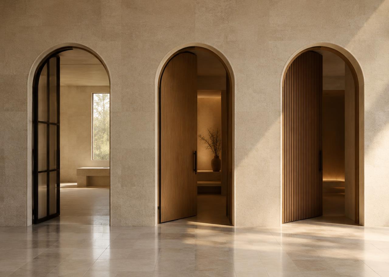 Three arched doorways in a stone corridor