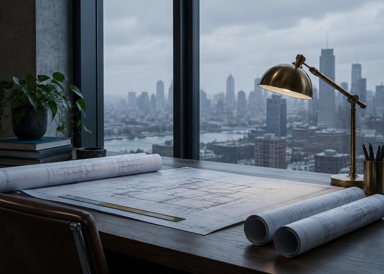 Architectural plans on a desk overlooking a city