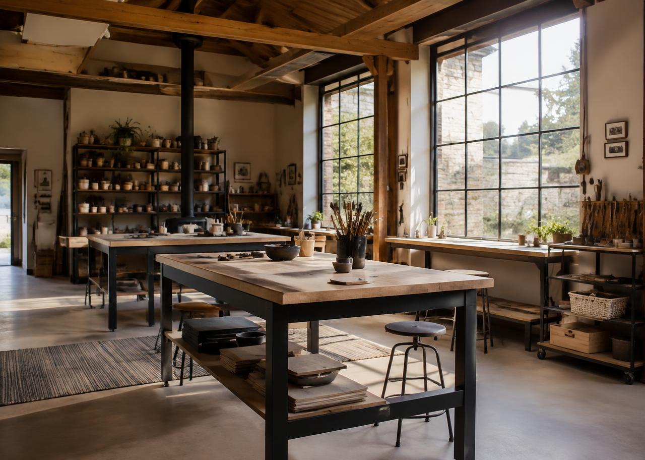 Sunlit craft workshop with timber beams