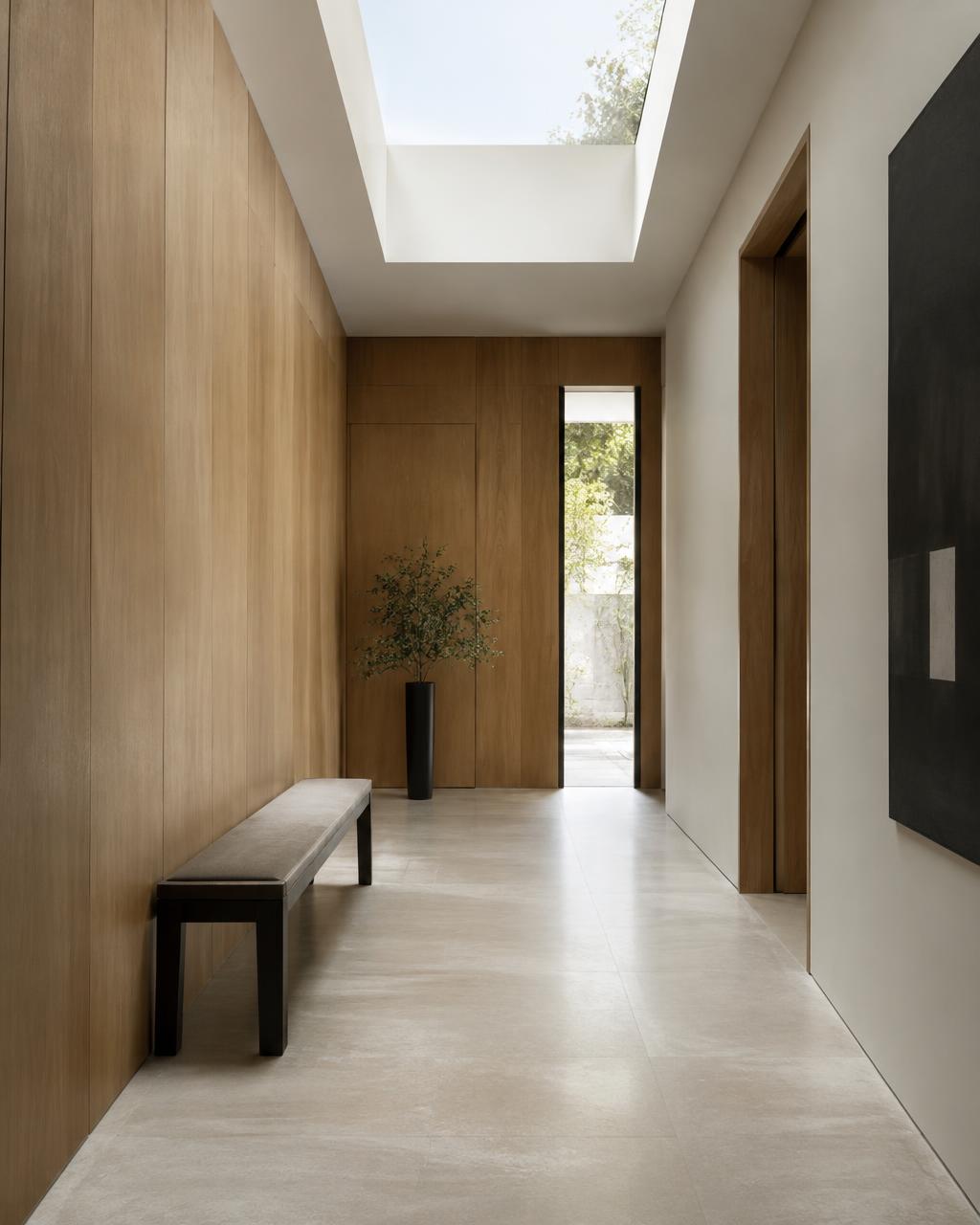 Quiet entrance hall with oak paneling and a skylight