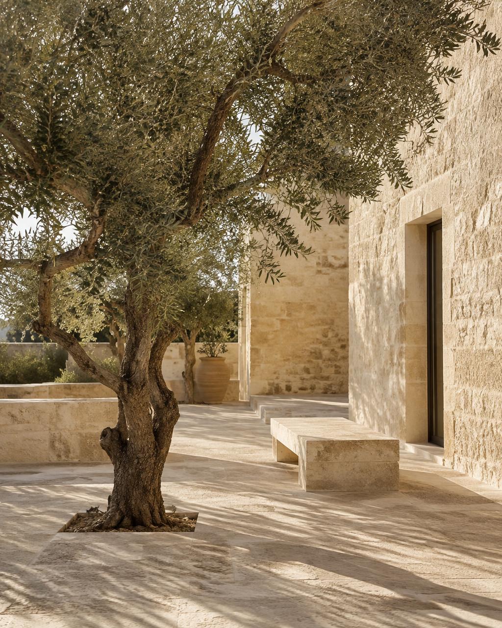 Sunlit limestone courtyard with an olive tree and stone bench