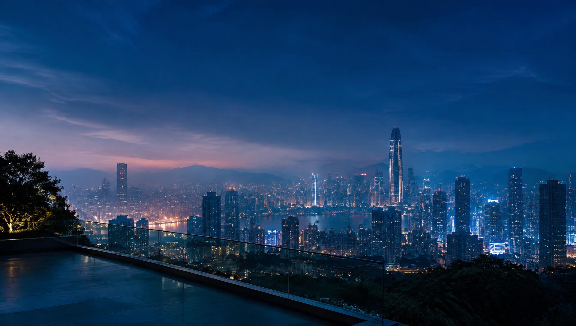 City skyline at blue hour seen from a quiet terrace
