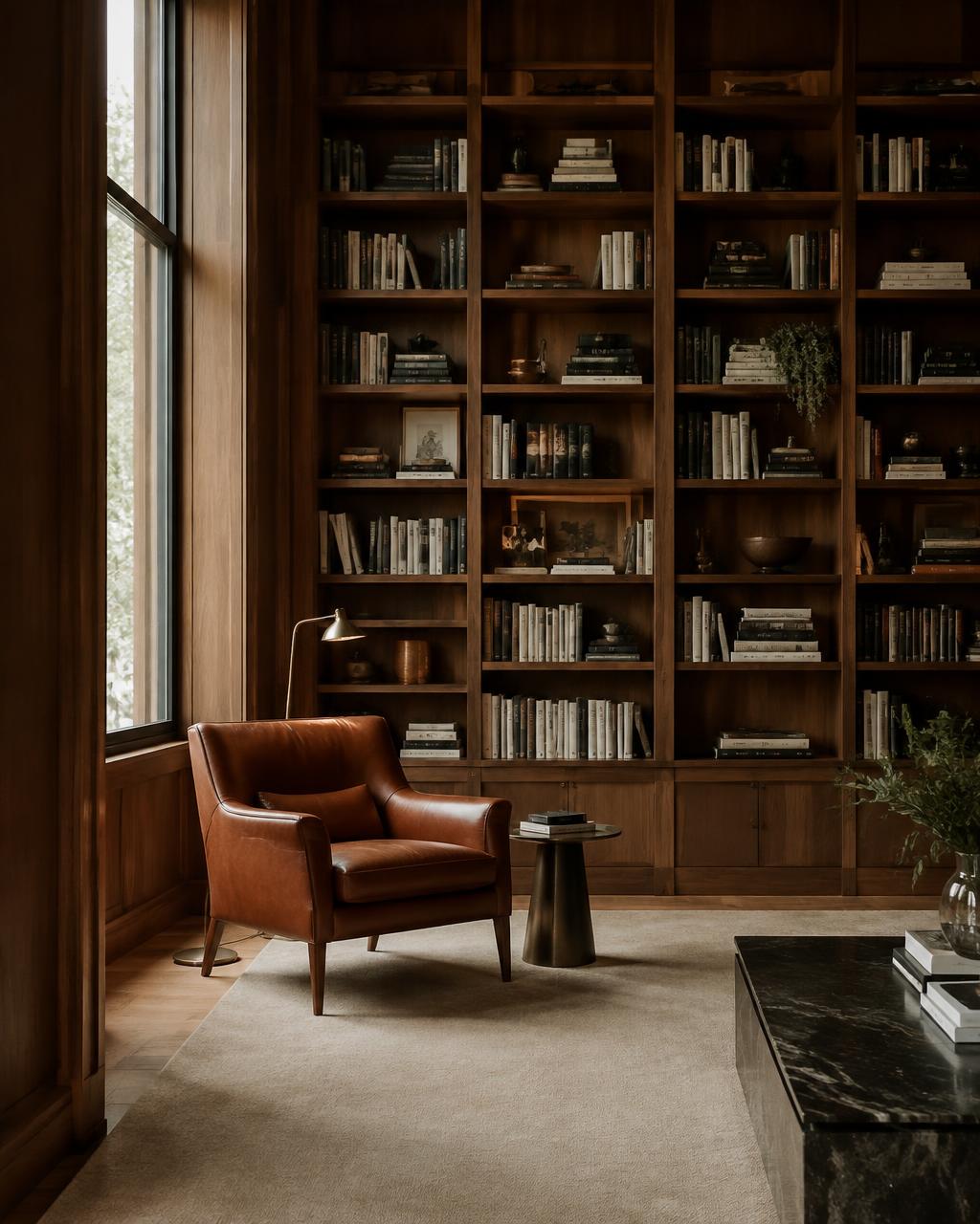 Walnut-panelled private library with a leather armchair