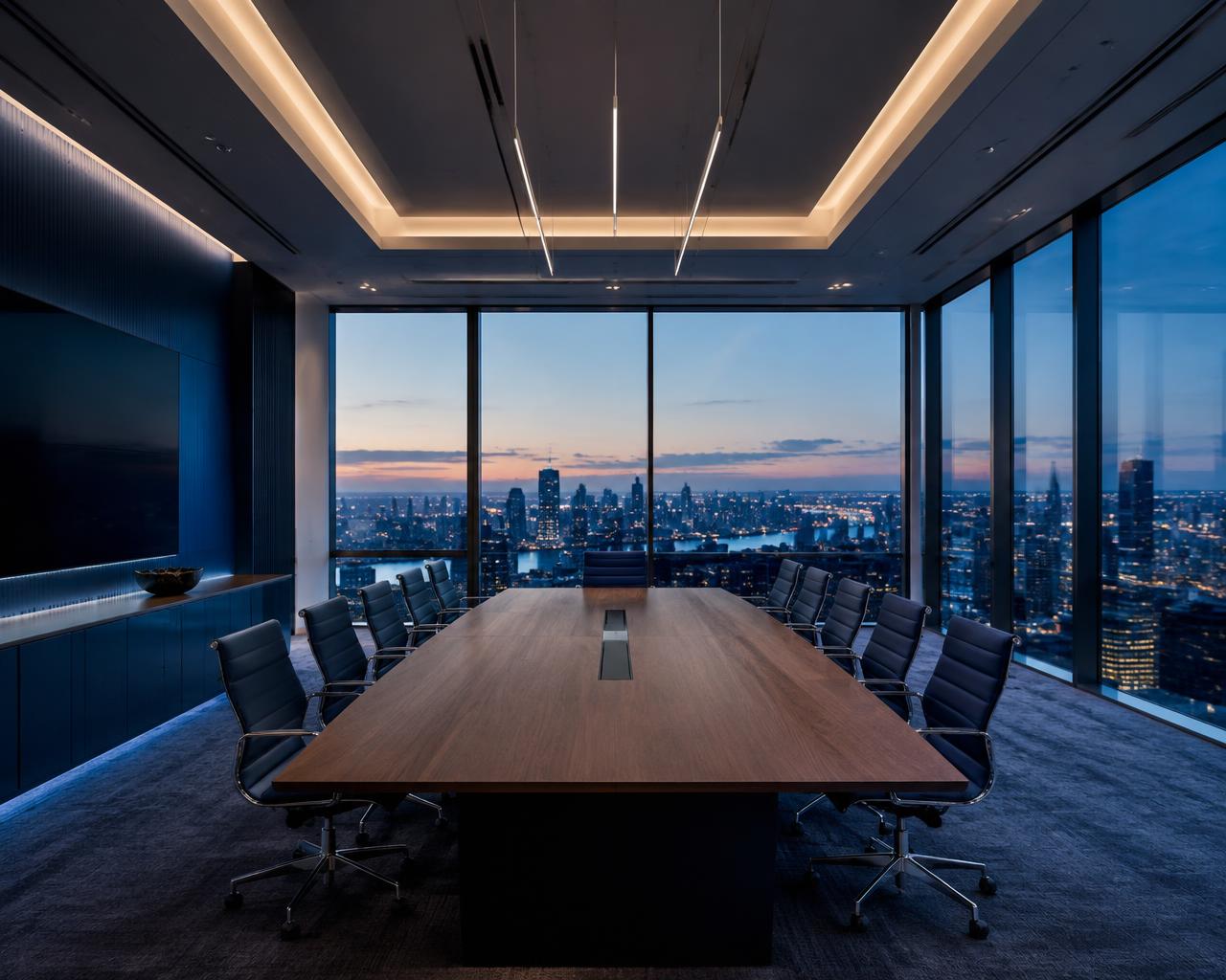 Modern boardroom overlooking a city skyline at dusk