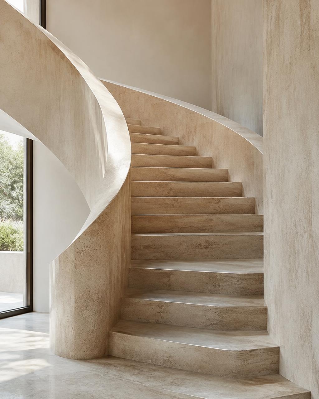 Sculptural travertine staircase in a minimalist residence