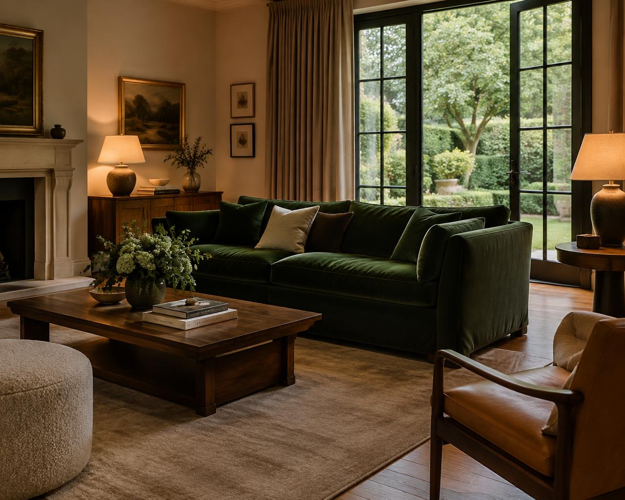 Quiet private residence living room with a forest green sofa and garden view