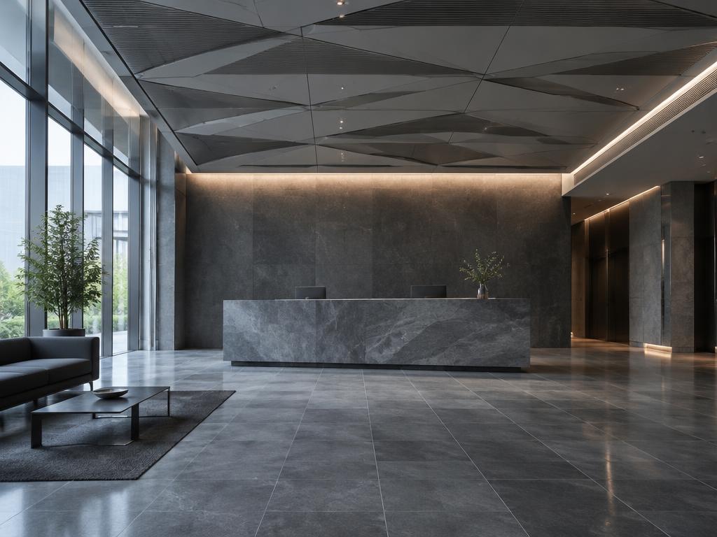 Modern stone lobby with geometric ceiling