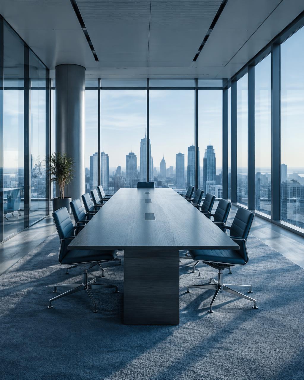 Glass-walled boardroom high above a city skyline
