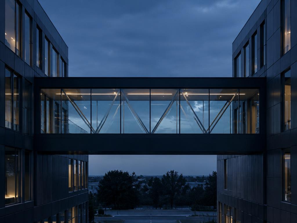 Glass bridge connecting two contemporary buildings at dusk