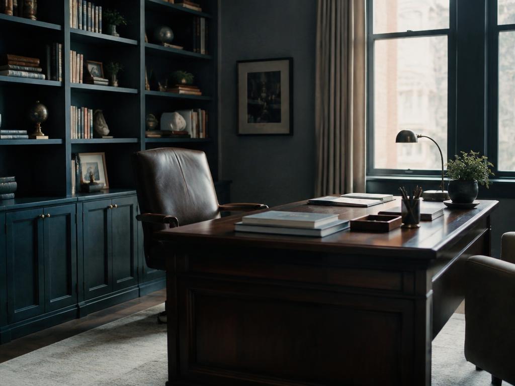 Refined advisor's office with walnut desk and bookshelves