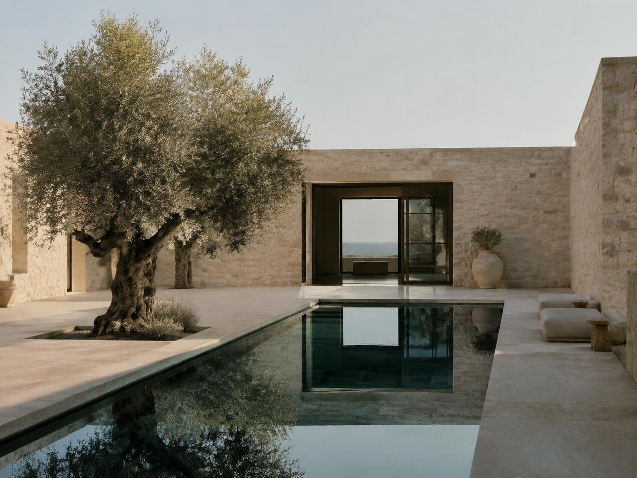 Stone villa courtyard with reflecting pool and olive tree