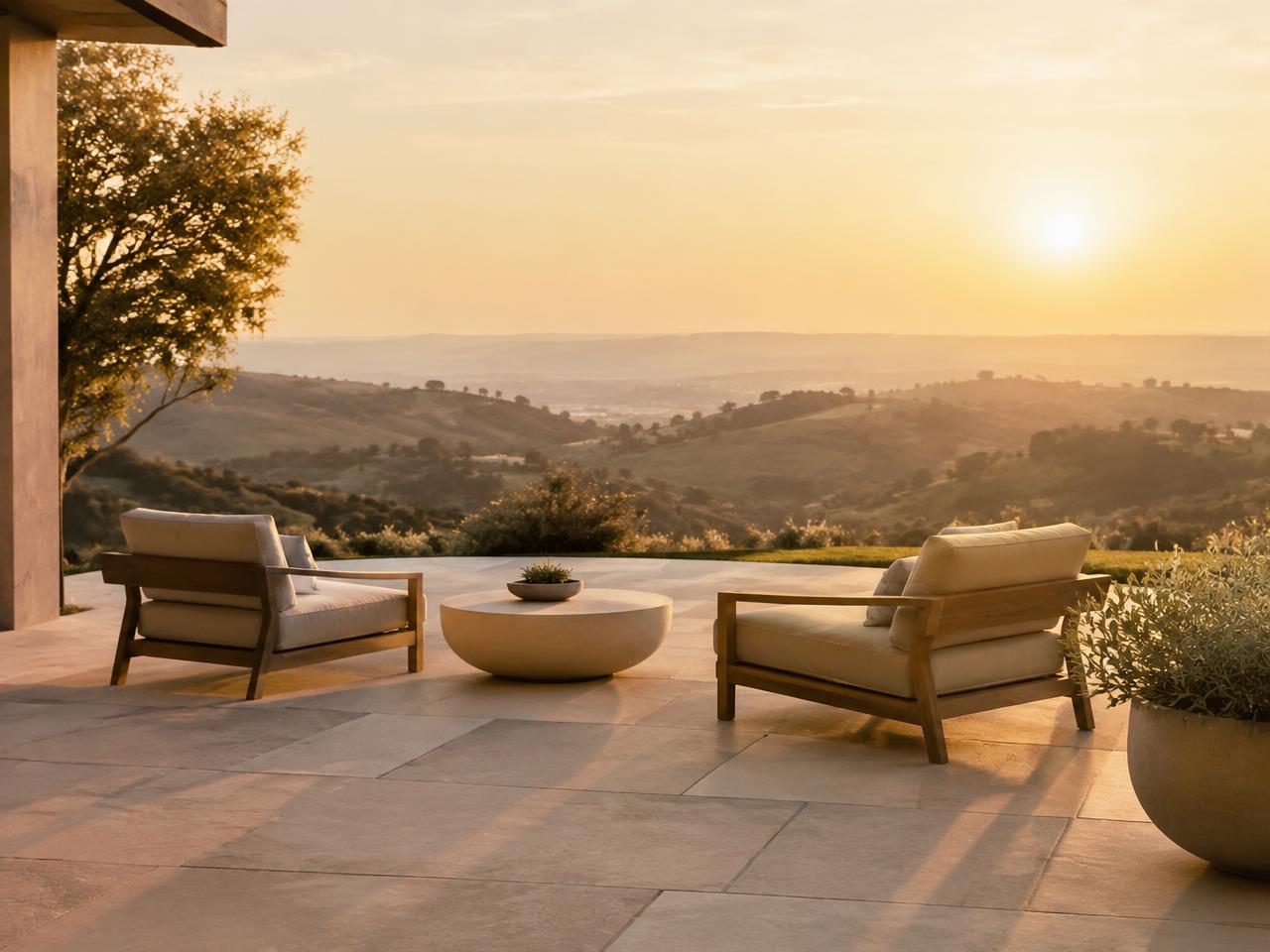 Stone terrace with lounge chairs overlooking hills at sunrise