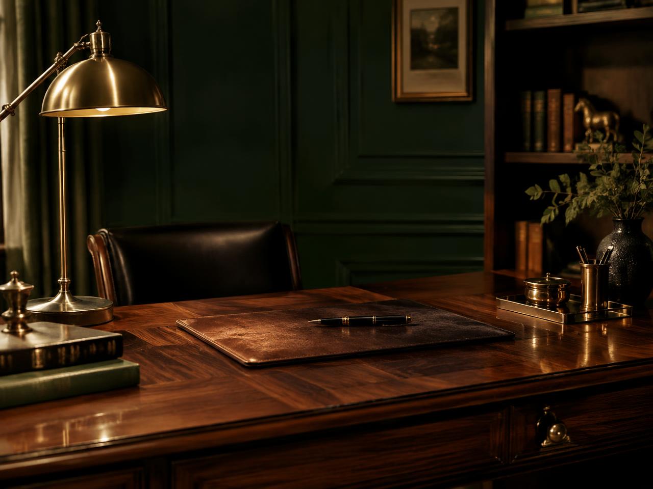 Private study desk with leather folio and brass lamp