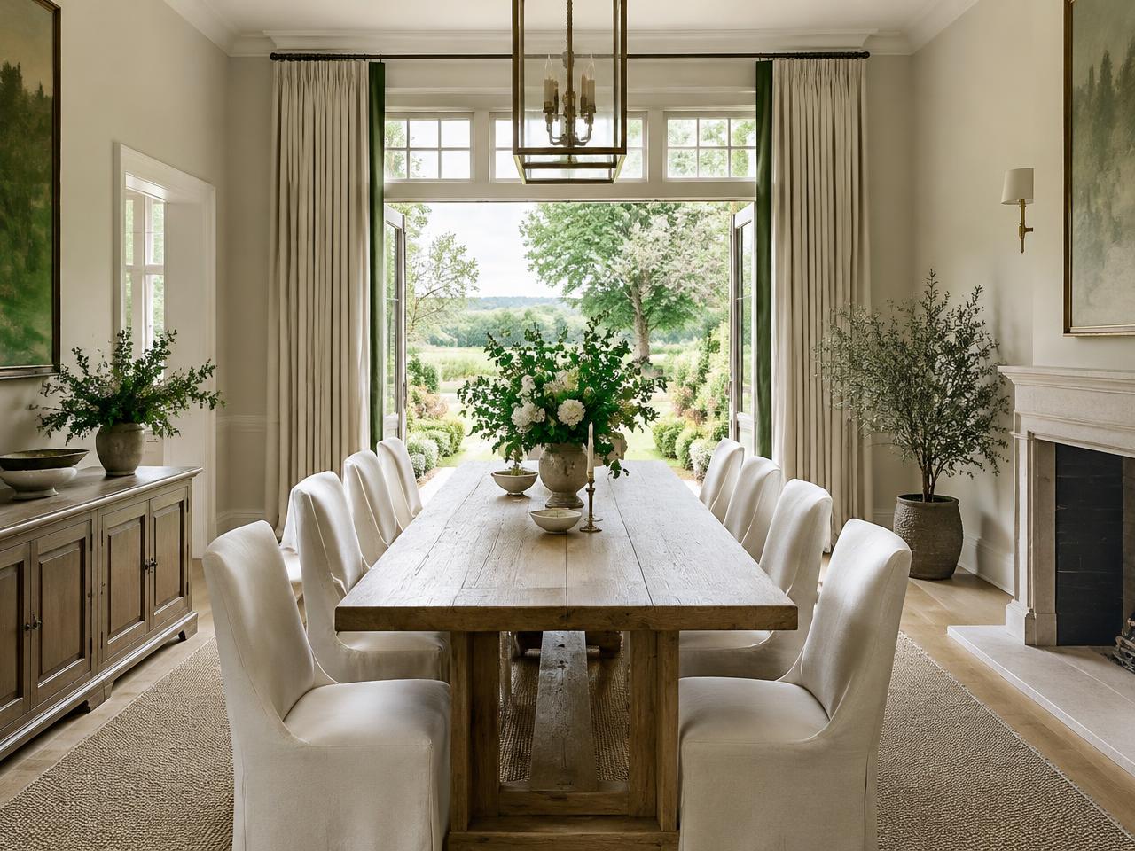 Elegant estate dining room opening onto a garden