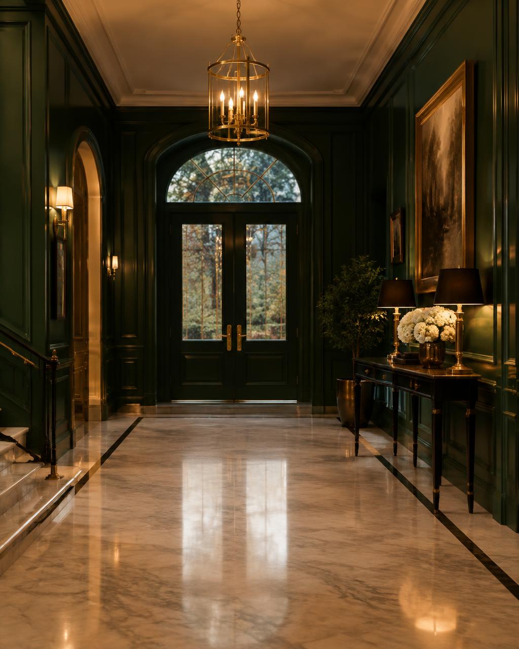 Forest green entrance hall with brass lantern and marble floor