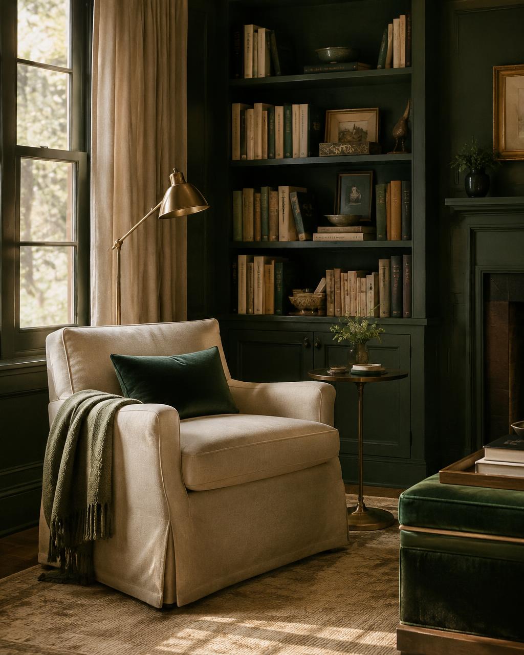 Linen armchair and brass lamp in a private library