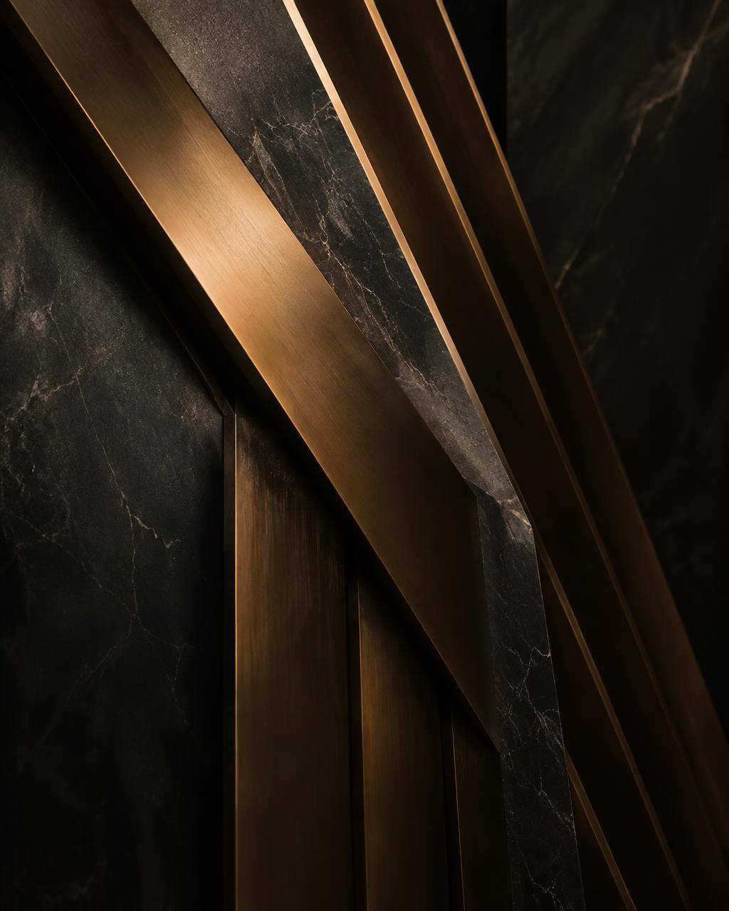 Dark marble and bronze architectural fins in raking light