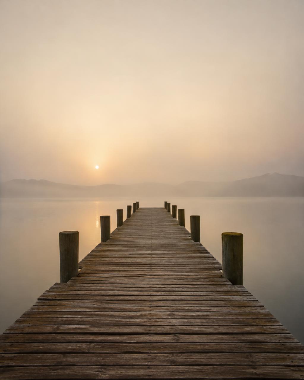 Wooden pier extending into a misty lake at dawn