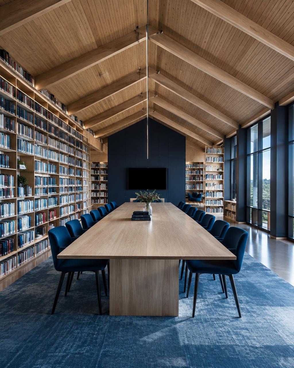 Timber-ceilinged conference library with a long table