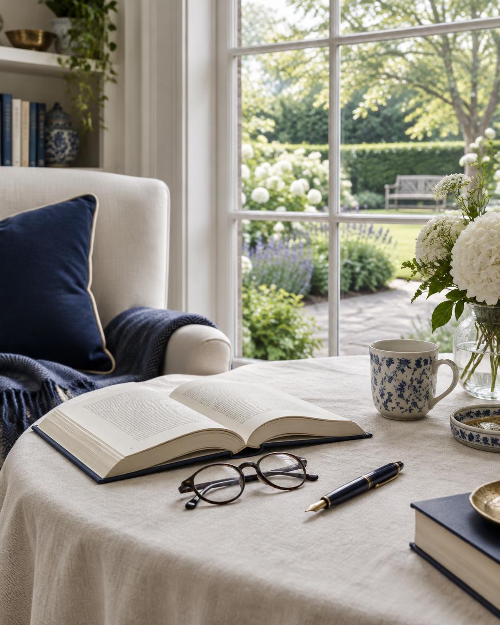 Open book, reading glasses and fountain pen beside a garden window