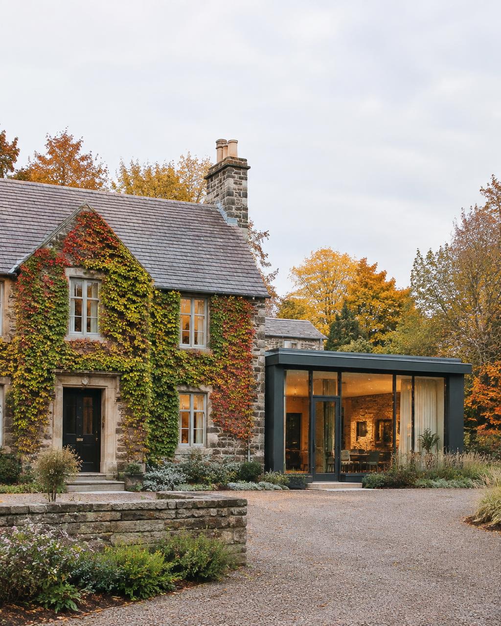 Ivy-covered stone family estate with a modern glass extension